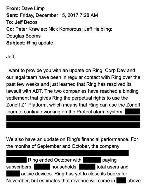 From: Dave Limp
Sent: Friday, December 15, 2017 7:28 AM
To: Jeff Bezos
Cc: Peter Krawiec; Nick Komorous; Jeff Helbling;
Douglas Booms
Subject: Ring update
Jeff,
I want to provide you with an update on Ring. Corp Dev and our legal team have been in regular contact with Ring over the past few weeks and just learned that Ring has resolved its lawsuit with ADT. The two companies have reached a binding settlement that gives Ring the perpetual rights to use the Zonoff Z1 Platform, which means that Ring can use the Zonoff team to continue working on the Protect alarm system. REDACTED.
We also have an update on Ring's financial performance. For the months of September and October, the company REDACTED
Ring ended October with
REDACTED paying
subscribers,
REDACTED households,
REDACTED total users and
active devices. Ring has yet to close its books for November, but estimates that revenue will come in REDACTED above
